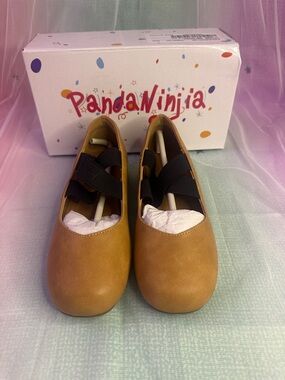 Panda Ninja Girls Tan Mary Jane Shoes with Black Elastic Straps